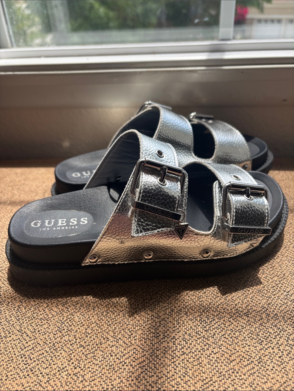 GUESS Silver Double Buckle Slide Sandals